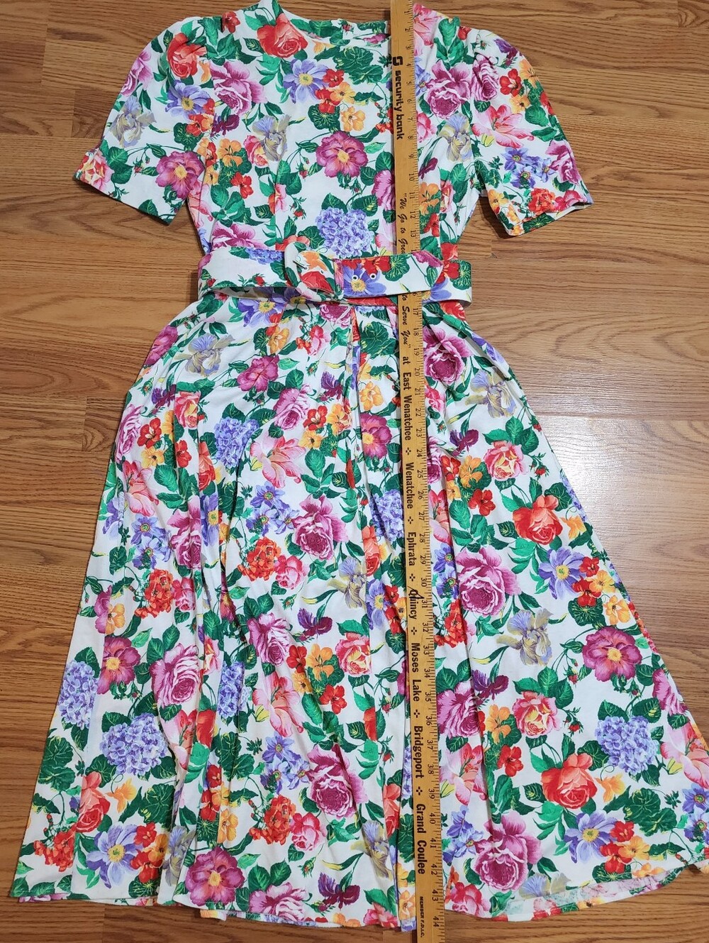 Vtg 80s 90s Floral Fit Flare Dress Belted Full Skirt Cottagecore Garden Party - Picture 10 of 13